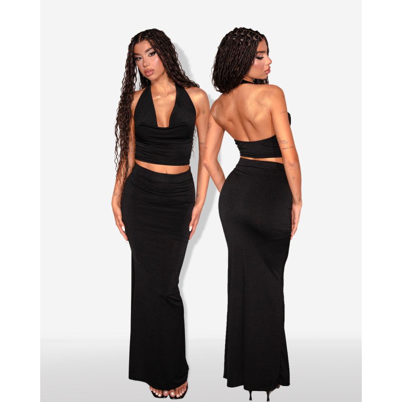 Marmalady | Set 2(pcs) halter top ντραπέ με column maxi φούστα |Μαύρο