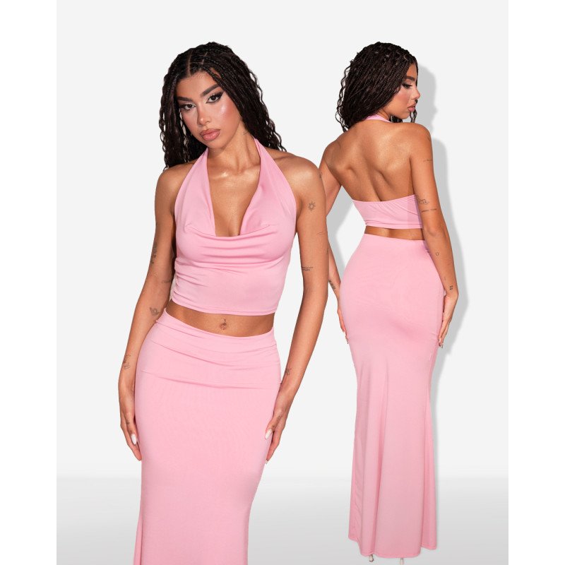 Marmalady | Set 2(pcs) halter top ντραπέ με column maxi φούστα |Ροζ