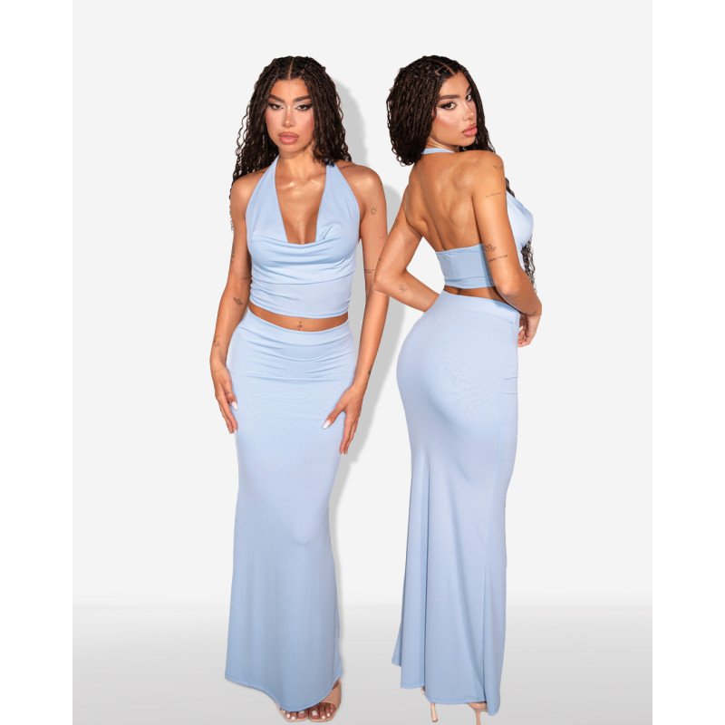 Marmalady | Set 2(pcs) halter top ντραπέ με column maxi φούστα |Sky Blue
