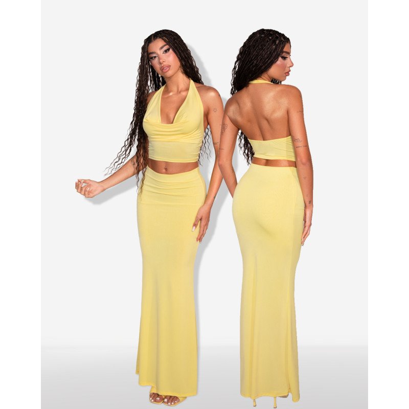 Marmalady | Set 2(pcs) halter top ντραπέ με column maxi φούστα |Κίτρινο