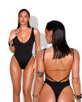One piece swimsuit with V-neckline and deep back design | Black