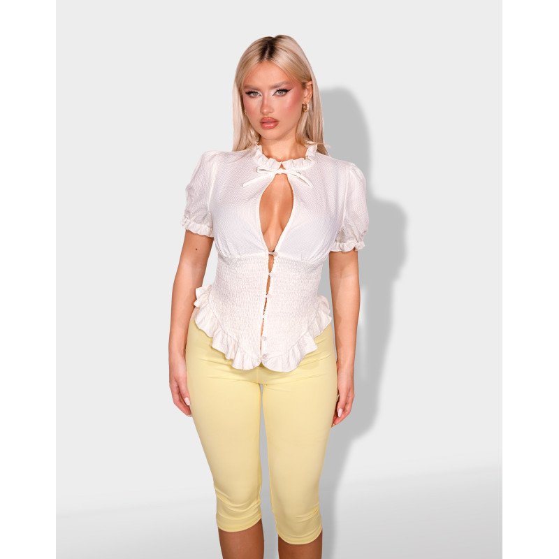 Marmalady | Smocked top με βολάν και κοντά puff μανίκια|Μπεζ