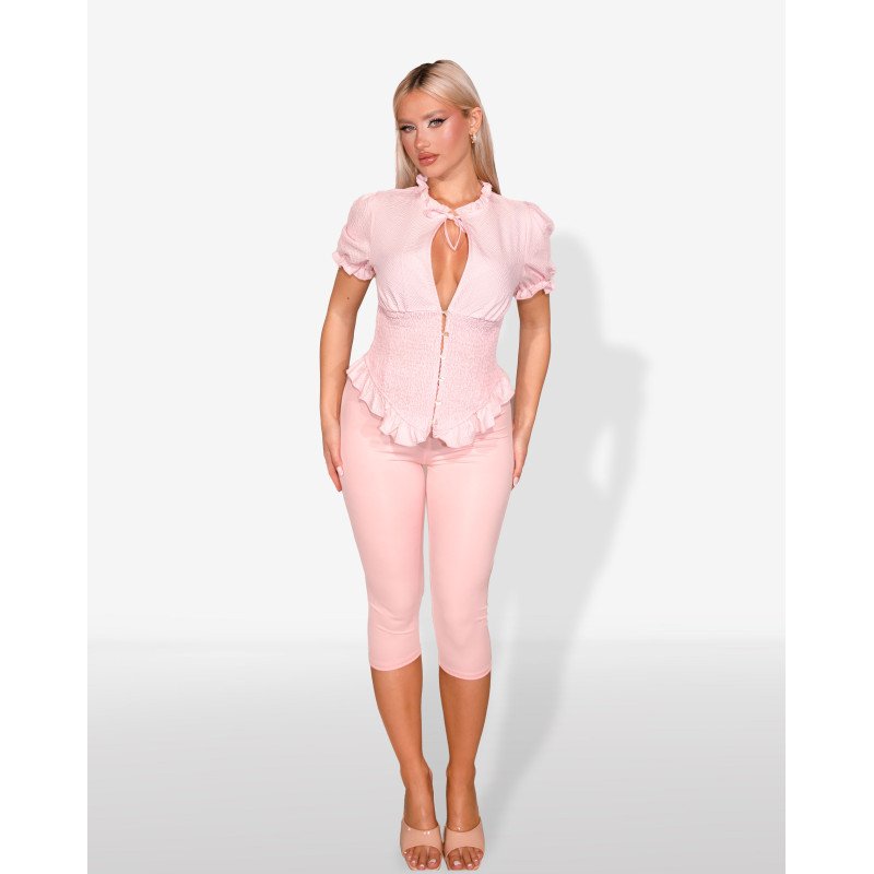 Marmalady | Smocked top με βολάν και κοντά puff μανίκια|Ροζ