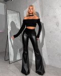 Faux-leather flared-pants high waisted | Black